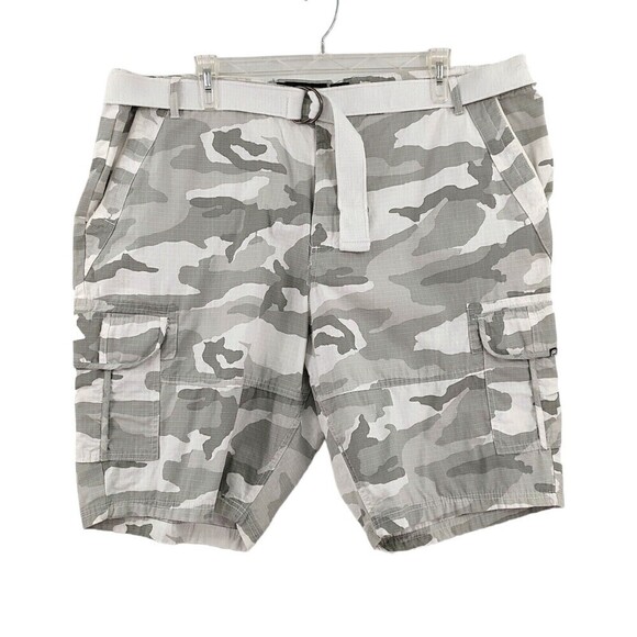 Ecko Unltd Cargo Shorts Mens 46 White-Gray Camouflage Belted Utility Cotton - Picture 1 of 12